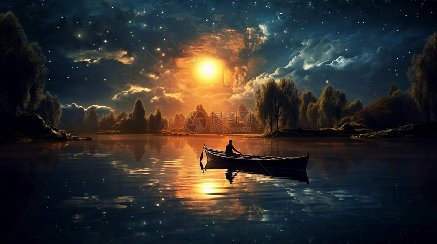 夜晚河上的一艘小船图片