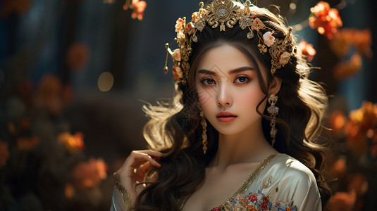 中国风边框凤凰带着花冠的女孩子背景