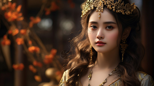 中国风边框凤凰古装配饰的美女背景