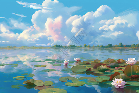 湖与天唯美天空下的荷花插画