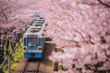 列车驶过一片樱花树图片