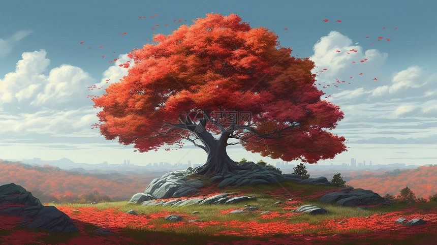 秋天的鲜红色的枫树图片