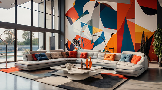 现代地毯图案现代色彩缤纷的客厅设计图片