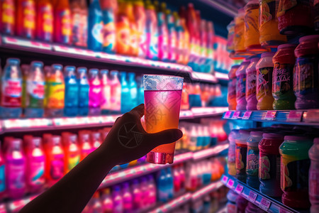 塑料架子超市货架上的饮料设计图片