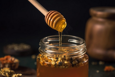 瓶中的蜂蜜木制蜂花粉高清图片