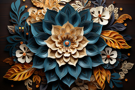 蓝色折纸花卉复杂的曼陀罗插画