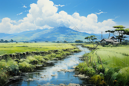 油画风格的稻田图片