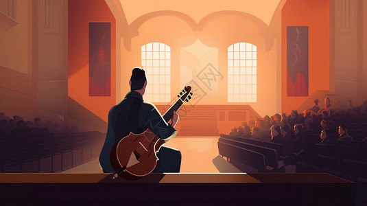 演奏厅带着乐器的男人插画