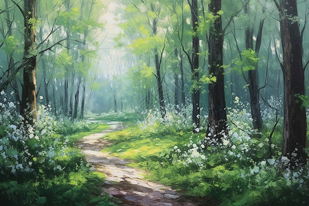 宁静的油画森林景观图片