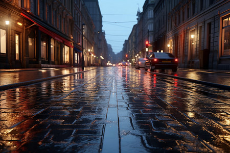 街边道路下过雨的街道背景