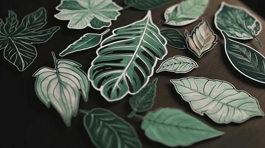 手绘叶子装饰框各种绿叶的贴纸背景