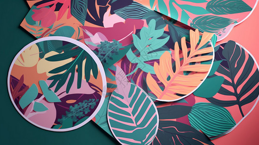 手绘热带叶子各种植物的贴纸背景
