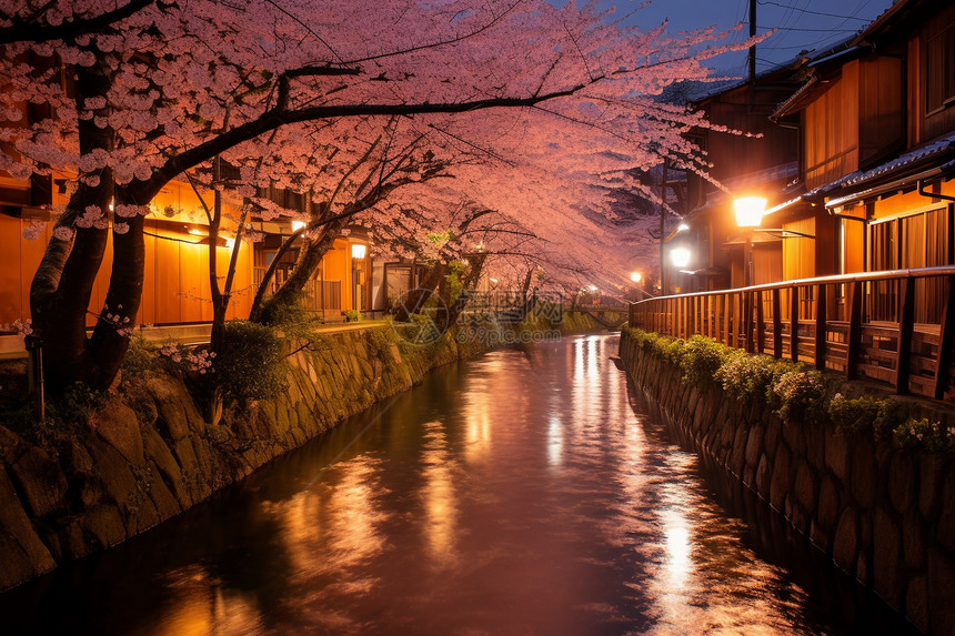 城市街道的建筑和樱花图片