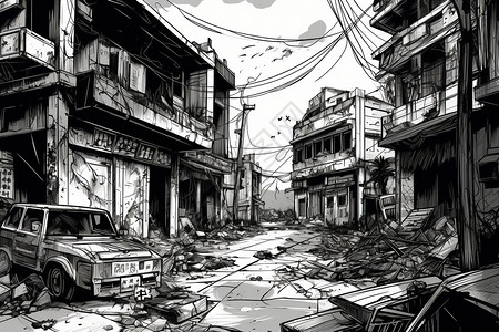 贫民窟地震后的城市房子插画