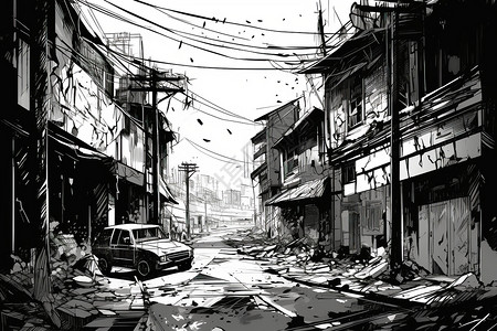 地震中房屋倒塌地震后的城市插画