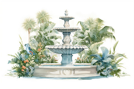 热带园林园林中的喷泉建筑插画