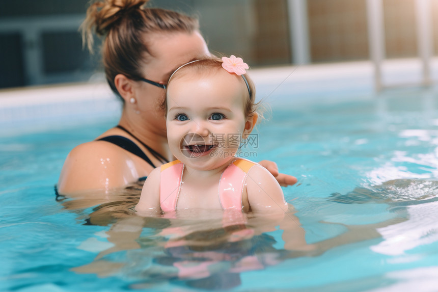 开心游泳的女婴图片