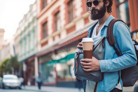 城市中喝咖啡的外国男子图片
