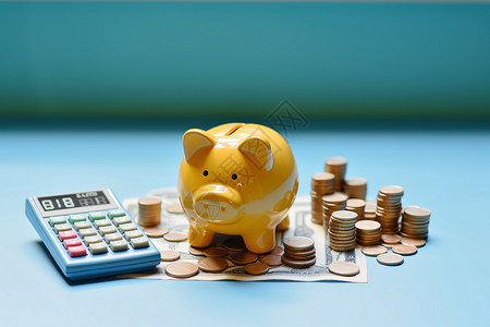 猪形存钱罐小猪模样的存钱罐和计算器背景