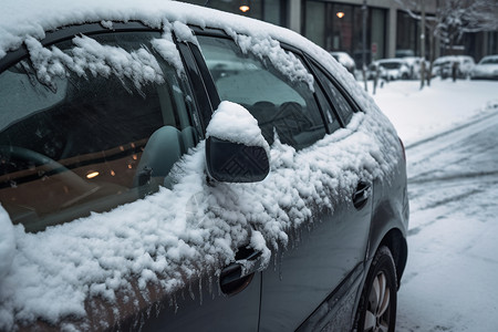 被玻璃罩住熊被雪覆盖的车背景