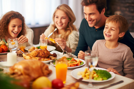感恩节男孩一起吃饭的家人背景