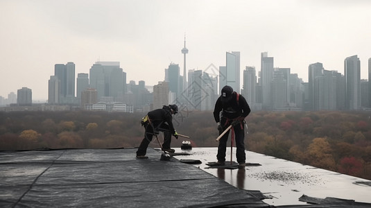 工人在屋顶上工作背景图片
