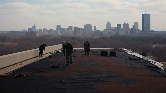 工人在屋顶上施工高清图片