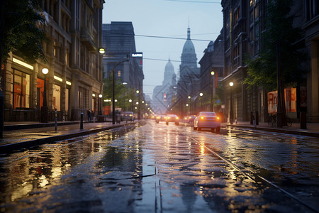夜晚湿滑的城市街道背景图片