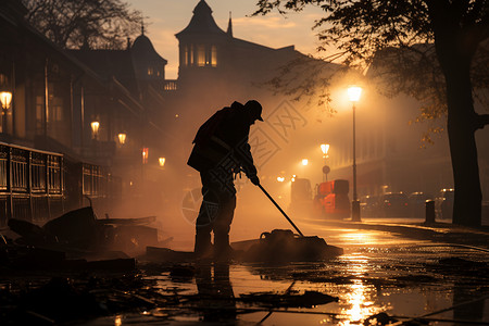 街道清洁工的轮廓背景图片