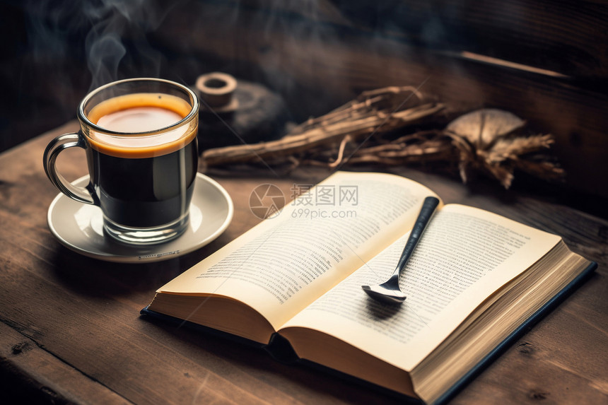 桌子上的咖啡和书本图片