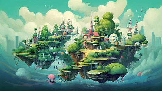 动画风格的浮岛创意插图背景图片