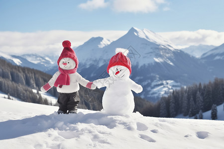 小雪创意冬季雪山上的小雪人背景