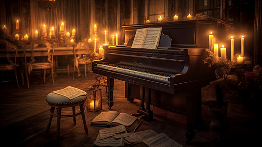 书与钢琴素材被烛光包围的钢琴插画