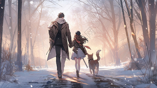 冬天雪地散步的情侣图片