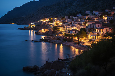 海岸小镇夜晚夜晚美丽的地中海小镇背景