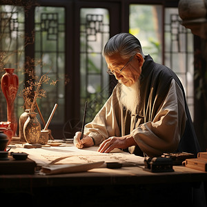 屌丝手写艺术字练习书法的老人背景