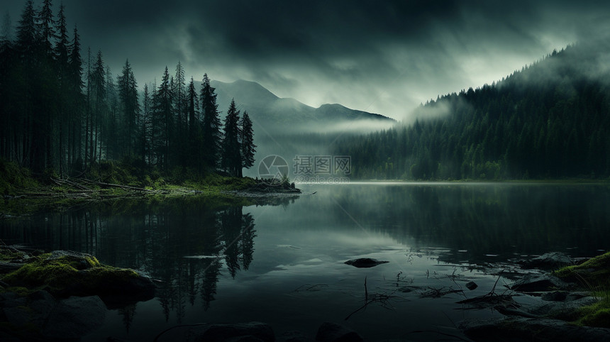 广阔神秘的湖边山林图片