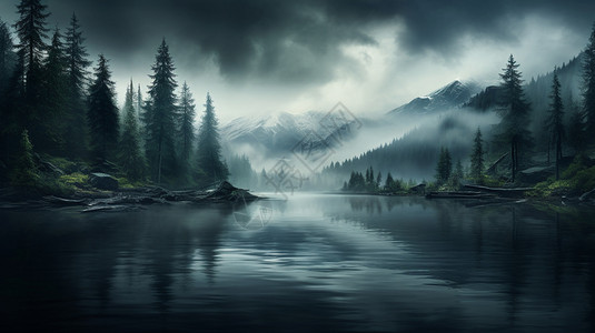 薄雾弥漫的湖边图片