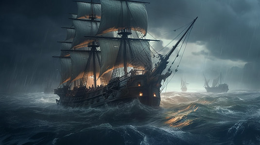 商船在雷暴期间行船插画