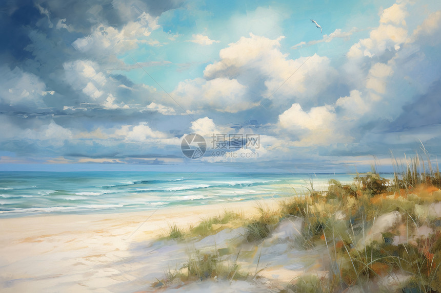 海滩景观的油画插图图片