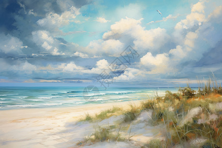 海滩景观的油画插图背景图片