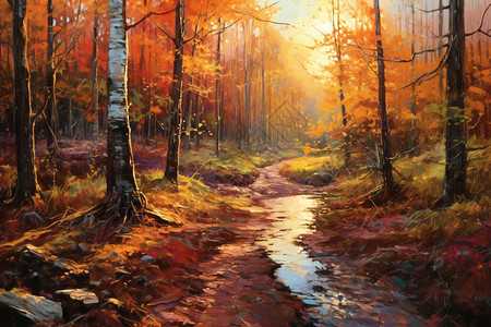 秋天森林景观油画插图图片