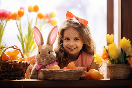 兔子抱着彩蛋抱着玩偶的外国小女孩背景