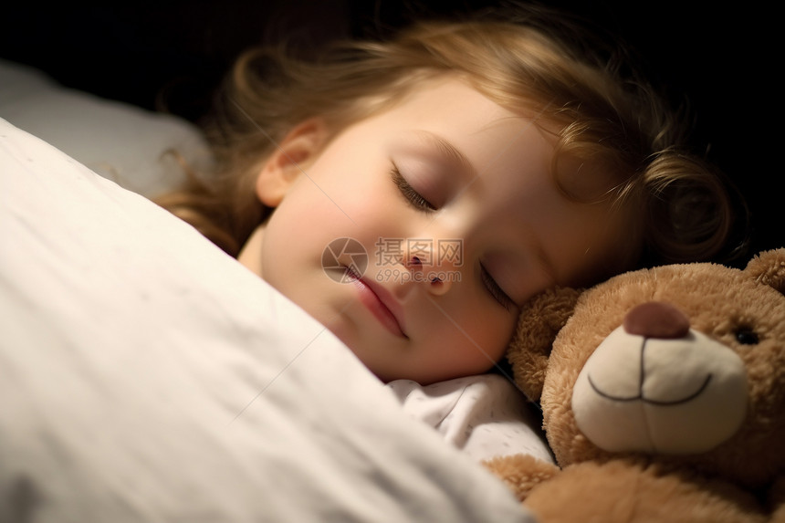 抱着泰迪熊睡觉的孩子图片