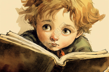 一个小男孩专心阅读一本书时背景图片