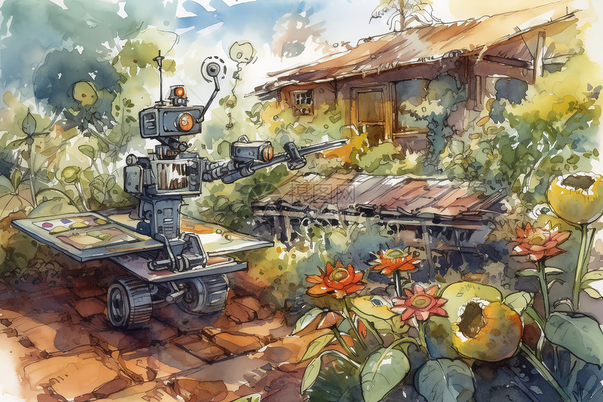 太阳能机器人在花园里工作的水彩场景图片