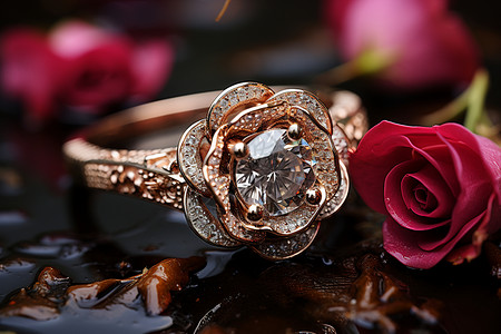 美丽的钻石戒指和玫瑰花背景图片