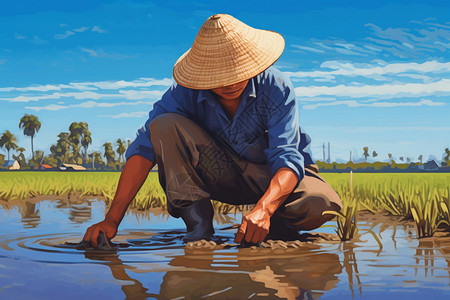水稻负泥虫在田里插秧的农民插画