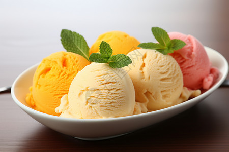 餐盘中的冰淇淋球高清图片