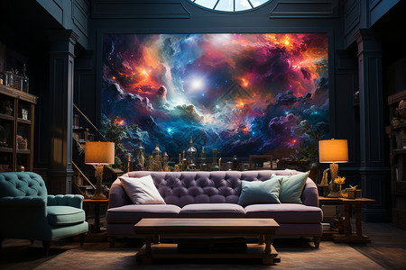 客厅内的星空油画背景图片